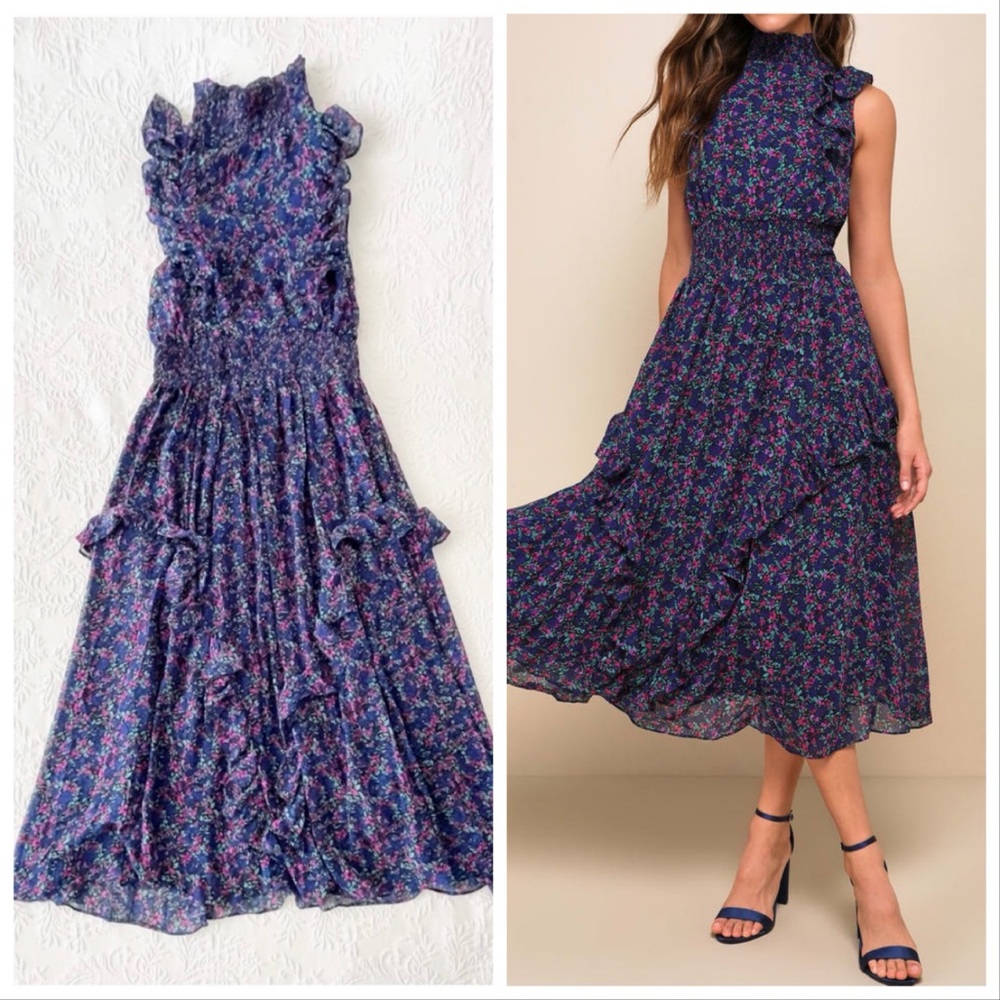 Lulu's Floral Midi Dress in Blue and Purple
